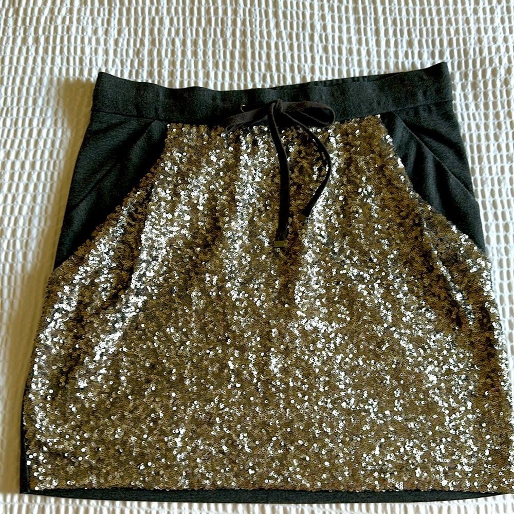 Beautiful Ann Taylor charcoal gray drawstring skirt with silver sequins Small